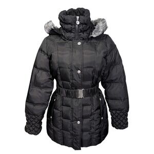 Betsey Johnson Black Belted Puffer Coat Faux Fur Hood Smocked Cuffs Pink Lining